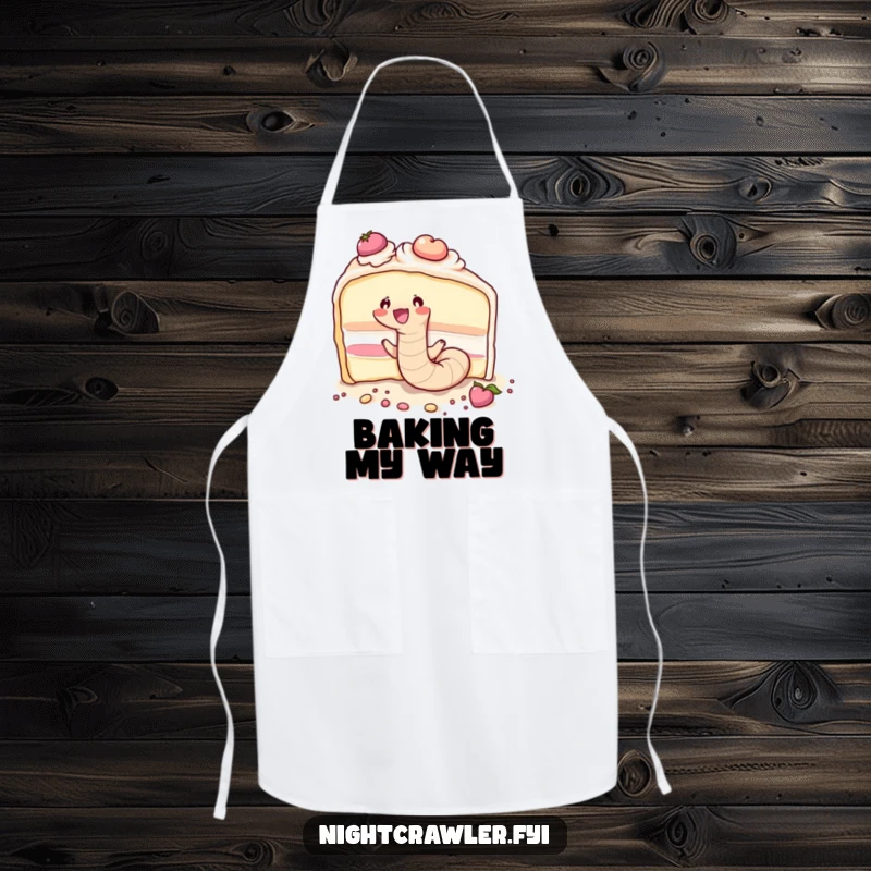 Funny cute earthworm joyfully burrowing through a massive slice of cake, illustrated on a practical apron.