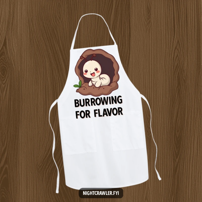 Funny apron showing a small worm character joyfully burrowing into soft, dark earth, ideal for cozy kitchen activities.