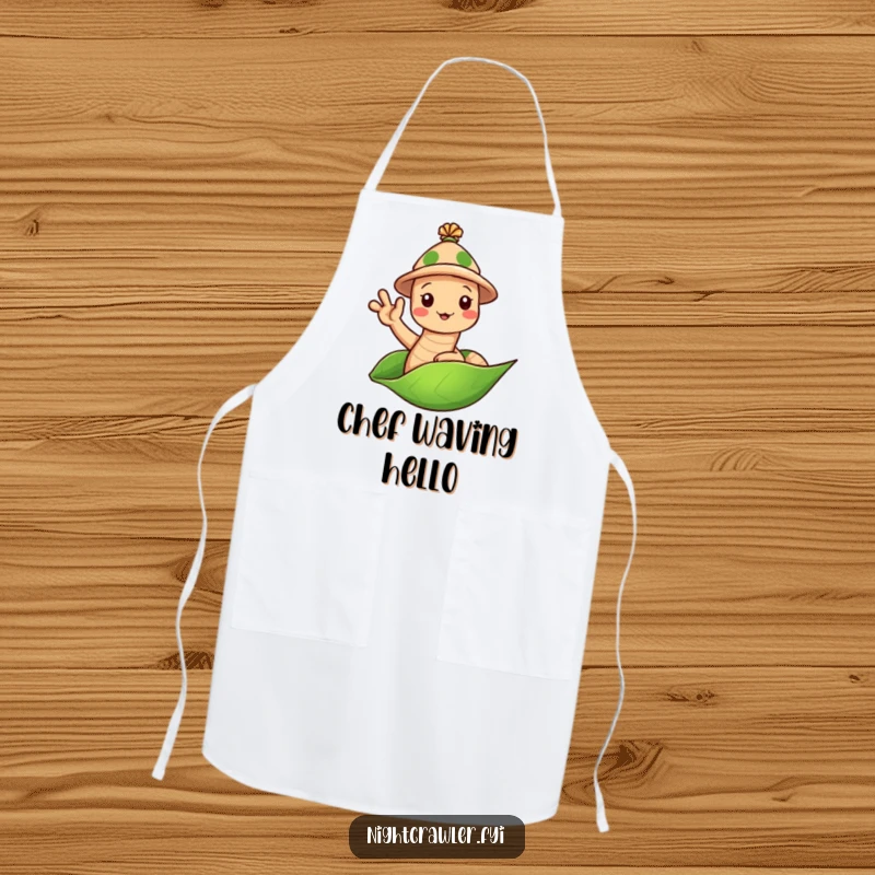 Funny Earthworm Hat Apron: Cute worm in a tiny hat waving hello from a leaf in the kitchen, a humorous chef accessory.