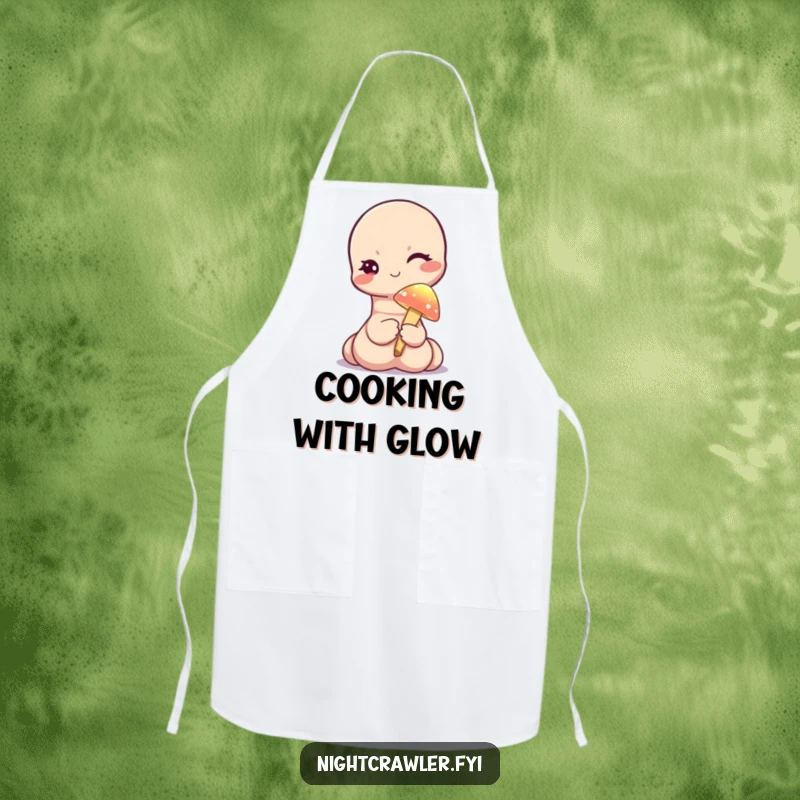 Funny apron showing a cute worm character winking while holding a tiny, illuminated mushroom, ideal for magical kitchen creations.