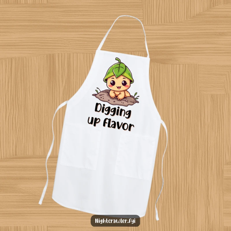 Funny apron featuring a cheerful night crawler wearing a leaf cap, peeking out of its burrow, adding a playful touch to cooking.