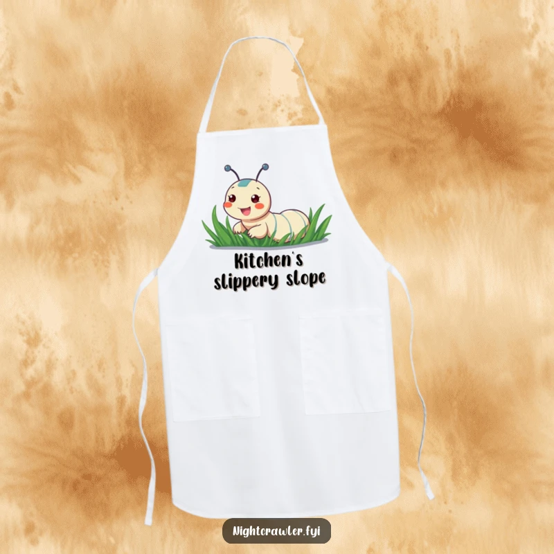Funny apron with a cheerful night crawler sliding down a dewy blade of grass, perfect for a playful cooking experience.