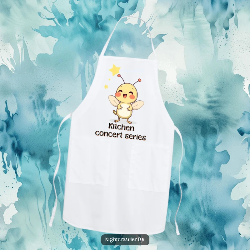 Funny apron design with a cheerful cricket chirping under a starry sky, perfect for summer kitchen joy.