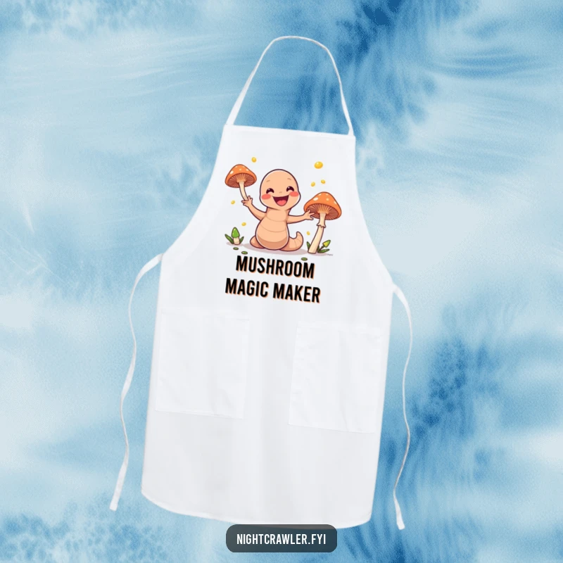 Funny apron featuring a cheerful earthworm juggling glowing mushrooms, designed for kitchen fun and protection with a humorous flair.