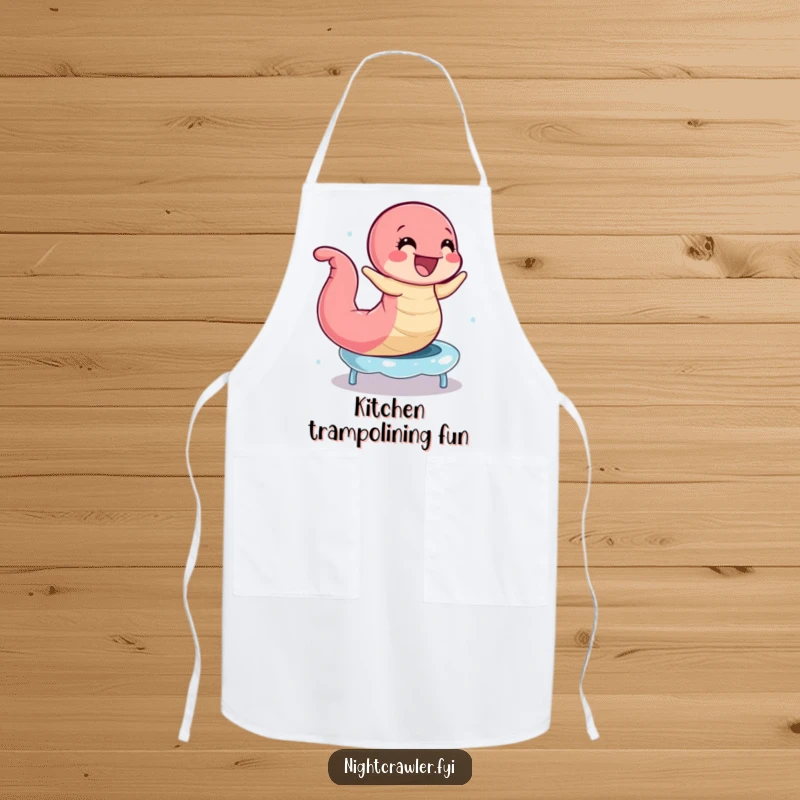 Funny Earthworm Trampoline Apron: Happy worm bouncing on a dewdrops trampoline while cooking, a humorous kitchen accessory.