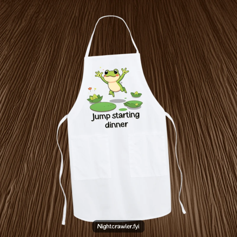 Funny Frog Apron showcasing a cute frog character energetically leaping between lily pads in the dark, adding humorous charm to kitchen activities.
