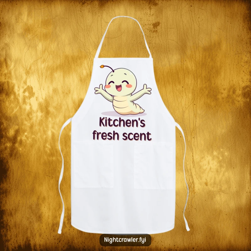 Funny apron showing a happy night crawler with arms outstretched, enjoying a gentle breeze, ideal for a cheerful cooking experience.