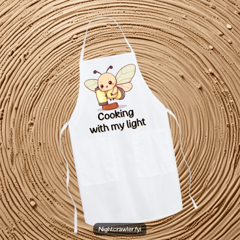 Funny Kawaii Moth Apron: A cute moth character enthusiastically flutters around a softly glowing lantern, adding humorous charm to cooking tasks.