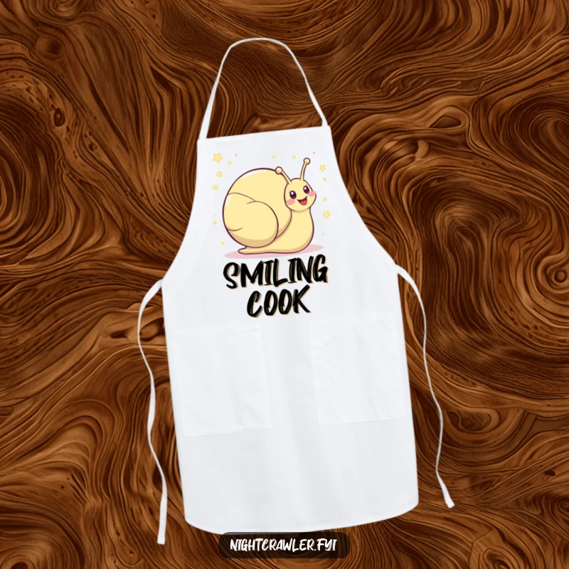 Funny kawaii snail apron showing a cute snail leaving a shimmering trail of giggles, ideal for a cheerful cook.