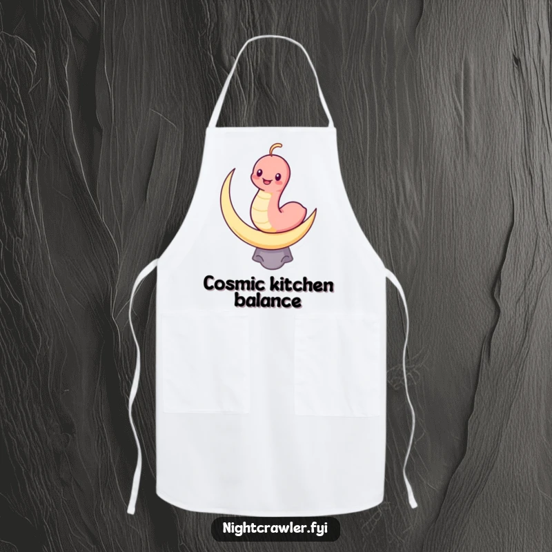 Funny apron depicting a grinning kawaii worm balancing on a crescent moon, ideal for humorous and cute cooking experiences.
