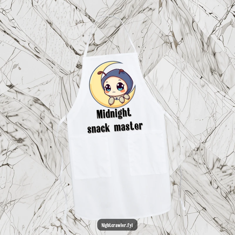 Funny apron showing a night crawler character peeking from a crescent moon, ideal for night owls and cosmic kitchen adventures.
