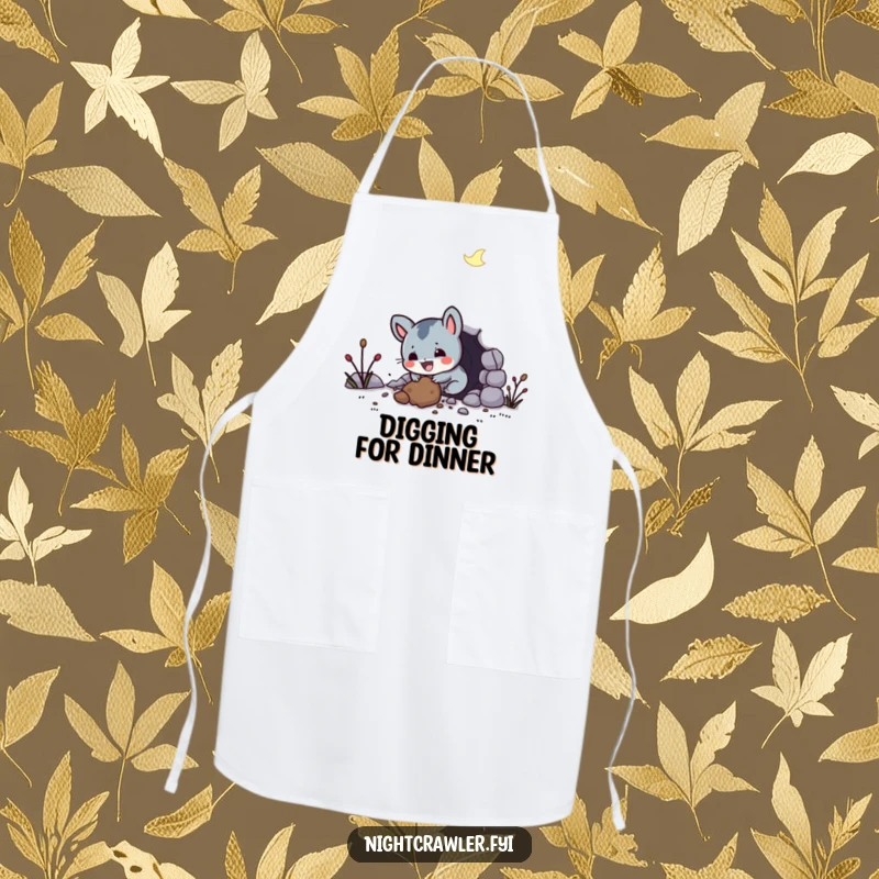 Funny apron featuring a small, joyful night creature digging a tunnel with gusto, perfect for adding humor to cooking and baking.