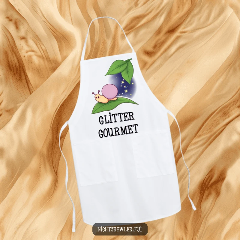 Funny Apron: Smiling snail character leaving a sparkly trail while cooking at night, adding humor and enchantment to kitchen attire.