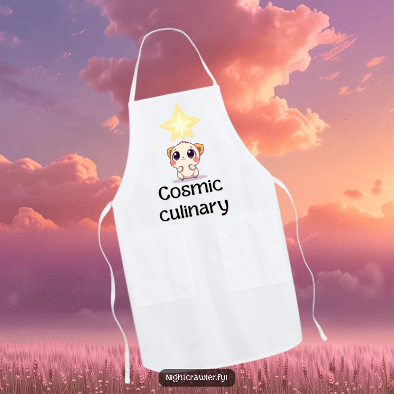 Funny Apron: Small creature with wide, curious eyes observes a colossal, twinkling star, perfect for cosmic cooking.