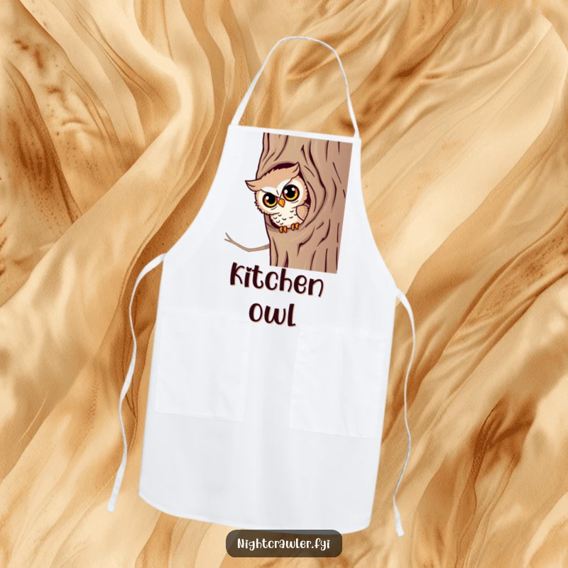 Funny Wise Words Apron: A little owl character peeks from a tree hollow, a humorous and functional kitchen accessory.