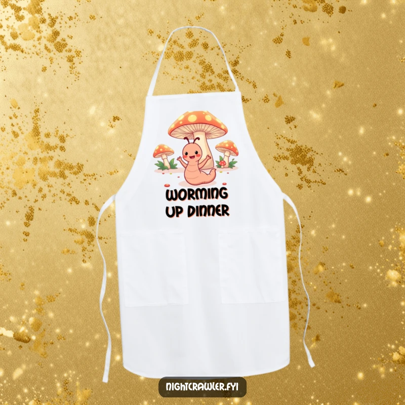 Funny apron depicting a happy worm character dancing under glowing toadstools, ideal for humorous and magical cooking.