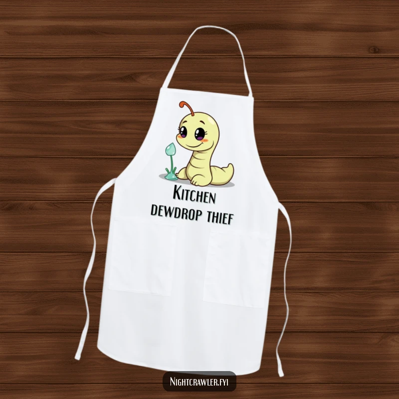 Funny apron showing a worm character with a mischievous smile, attempting to steal a dewdrop, adding humor to cooking tasks.