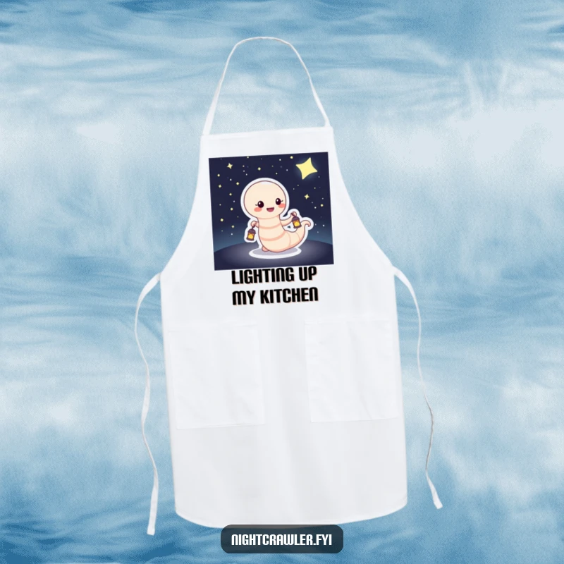 Funny Apron showing a happy worm with a miniature lantern, walking through a dark, starry sky, ideal for kitchen tasks.
