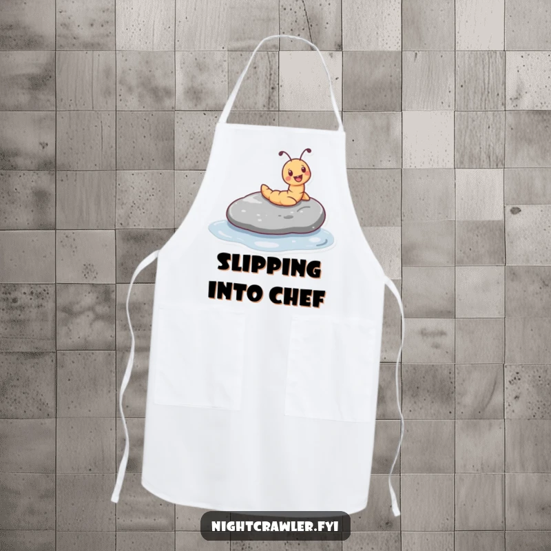 Funny apron showing a tiny worm character joyfully sliding down a smooth, wet pebble, ideal for cheerful kitchen activities.