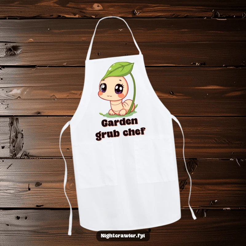 Funny apron showing a cute worm character peeking from a dewy leaf, ideal for a funny gardener or kitchen helper.