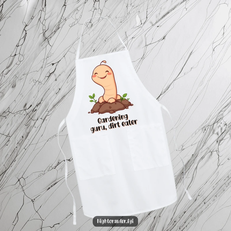 Funny Earthworm Apron: A smiling earthworm character pops its head out of the soil, bringing humorous garden vibes to kitchen tasks.