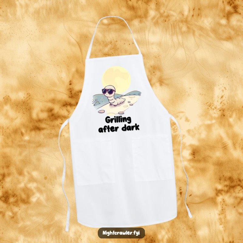 Funny apron showing a worm wearing sunglasses, slowly inching across a moonlit path, for cool kitchen vibes.
