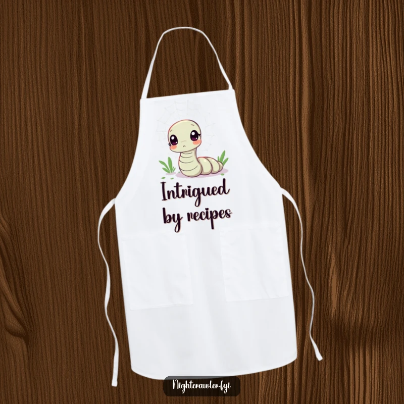 Funny apron showing a kawaii worm character looking curious at a shimmering spider web, ideal for detail-oriented kitchen tasks.