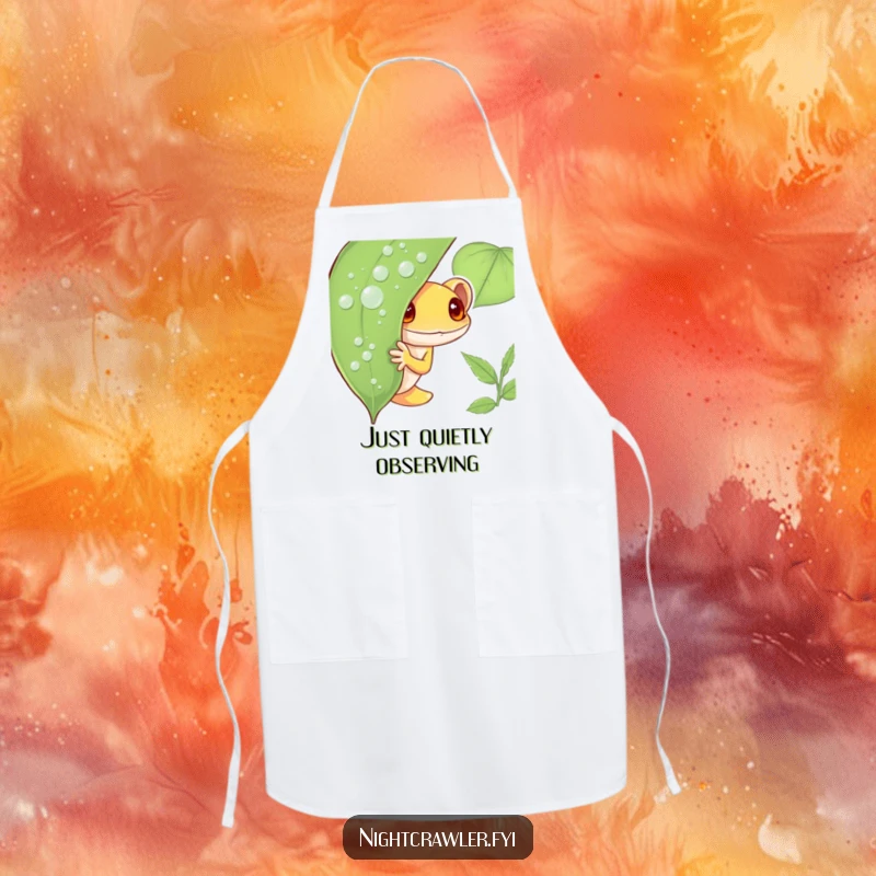 Funny Gecko Apron showcasing a shy gecko character peeking from behind a dew-covered leaf, adding humorous charm to kitchen activities.