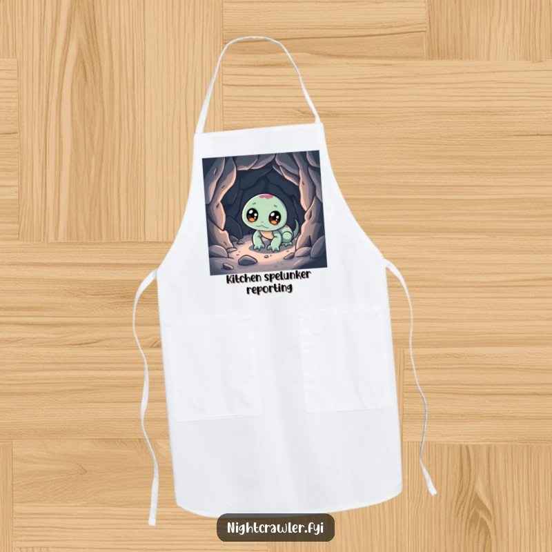 Funny apron with a night crawler character exploring a miniature cave, ideal for cooking and adding humor to the kitchen.