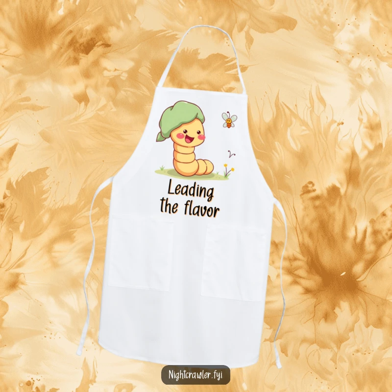 Funny Apron showing a cheerful worm enthusiastically guiding a lost firefly home, perfect for kitchens and helping hands.