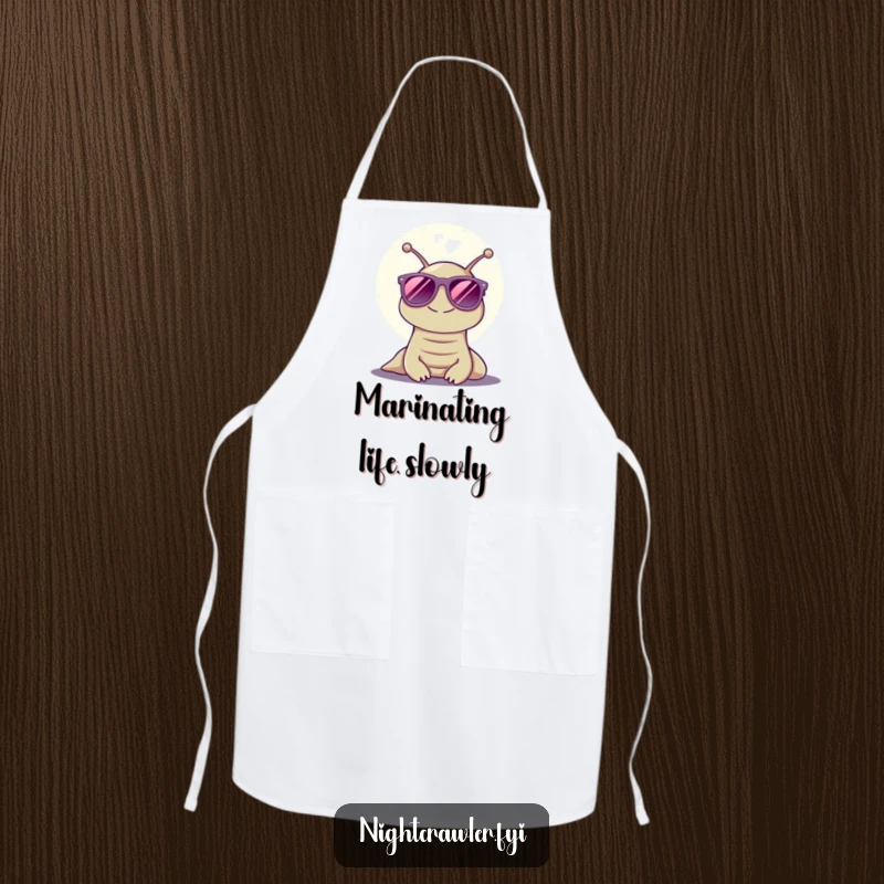 Funny apron adorned with a smiling slug in sunglasses under the moonlight, a humorous and practical funny gift.