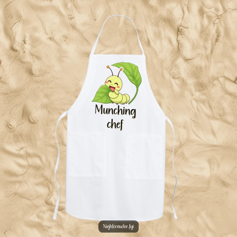 Funny caterpillar apron with a happy character joyfully munching on a leaf, perfect for kitchen adventures.