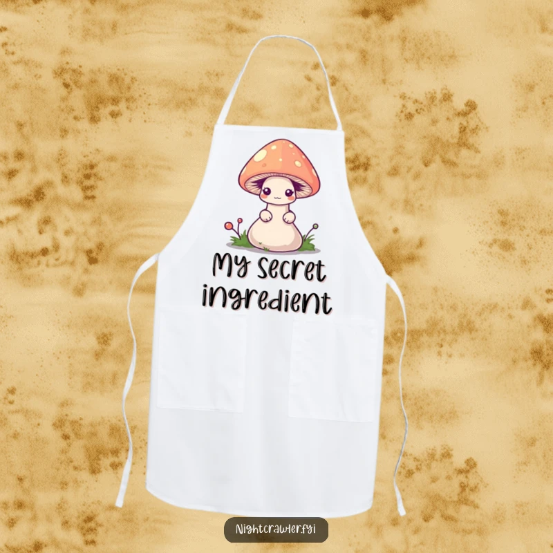 Funny worm apron showing a shy worm peeking from a small, glowing mushroom cap, perfect for kitchen humor.