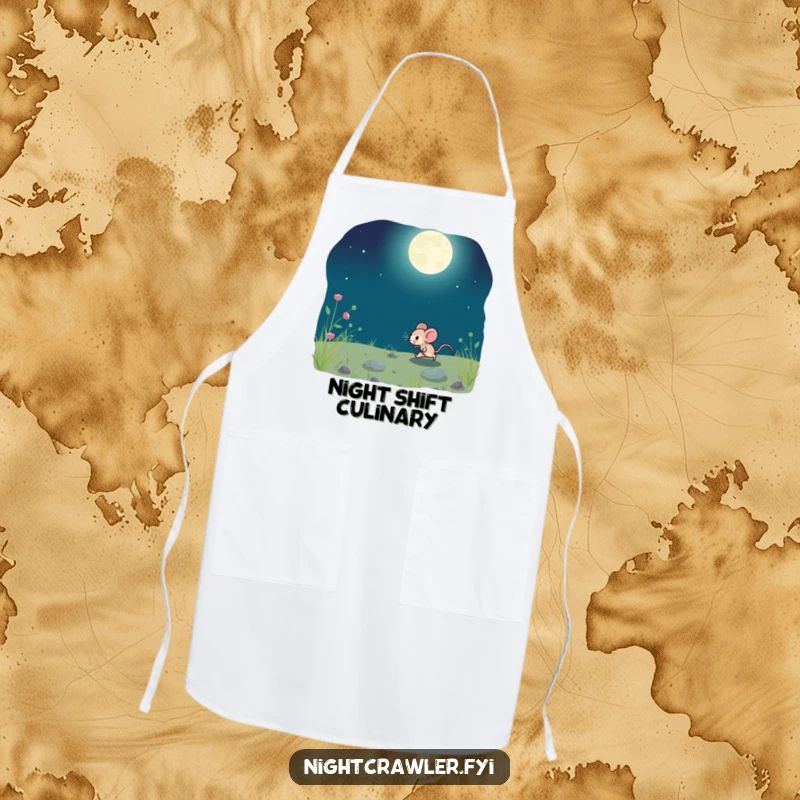 Funny apron design with a small mouse playfully running across moonlit ground, perfect for kitchen whimsy.