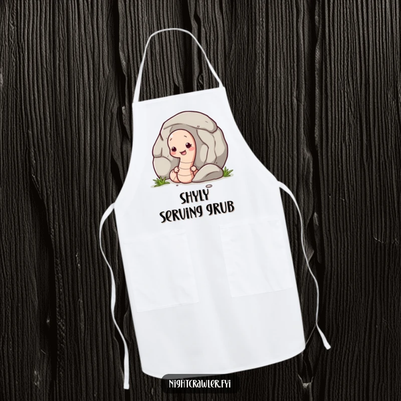Funny apron featuring a shy earthworm peeking from behind a pebble, designed for kitchen tasks with a heartwarming and humorous touch.