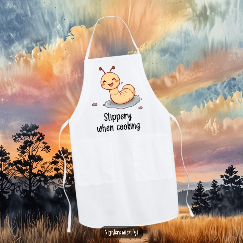Funny apron featuring a gleeful worm character sliding down a wet pebble, adding a humorous touch to kitchen activities.