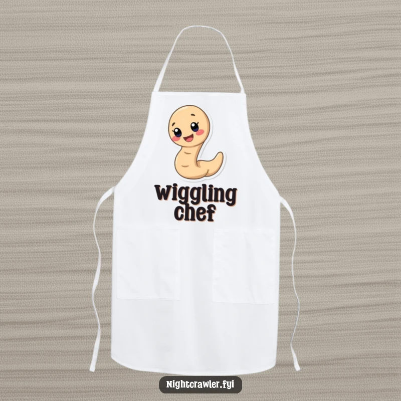 Funny earthworm apron showing a cute, speedy earthworm with a wide, happy smile, perfect for a cheerful cook.