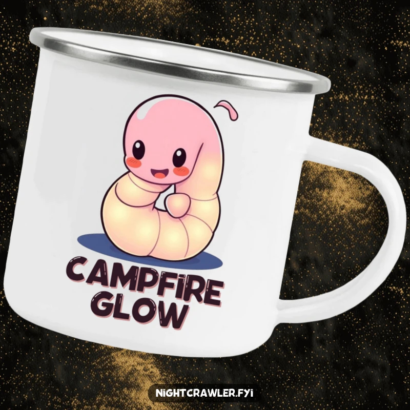 Funny camping mug with a glowing worm character playfully wiggling its body in the dark, perfect for nighttime ambiance.