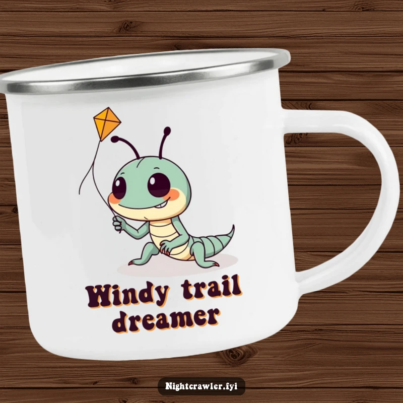 Funny camping mug showing a goofy night crawler with a big grin, attempting to fly a tiny kite, perfect for outdoor ambition.