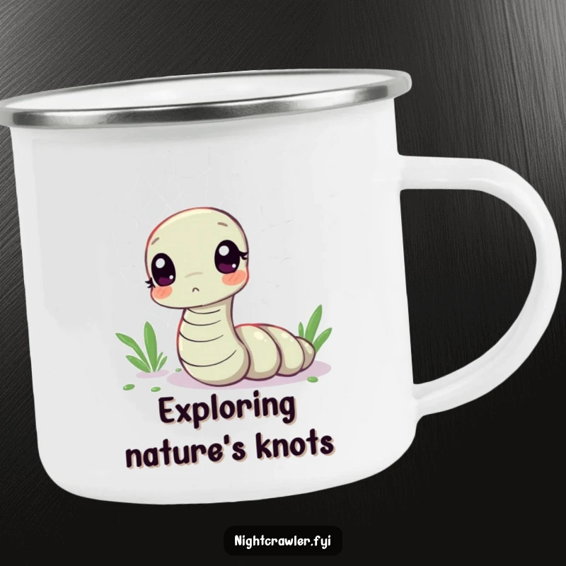 Funny camping mug showing a kawaii worm character looking curious at a shimmering spider web, perfect for curious outdoor adventurers.