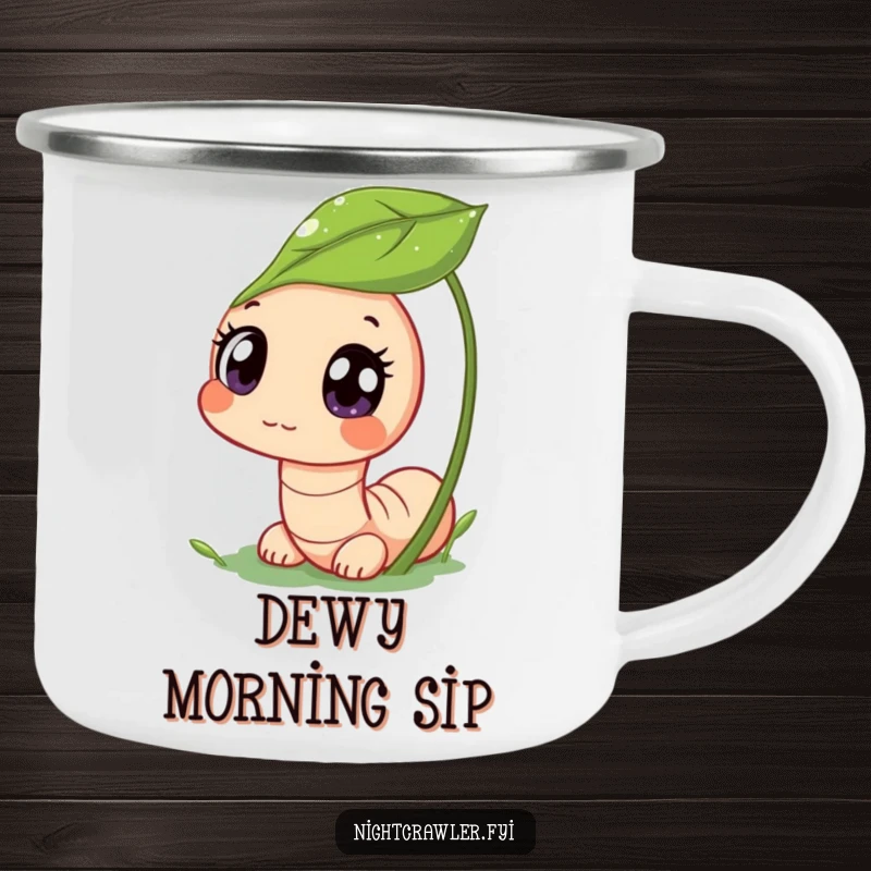 Funny camping mug with a cute worm peeking from a dewy leaf, symbolizing funny curiosity and outdoor enchantment.