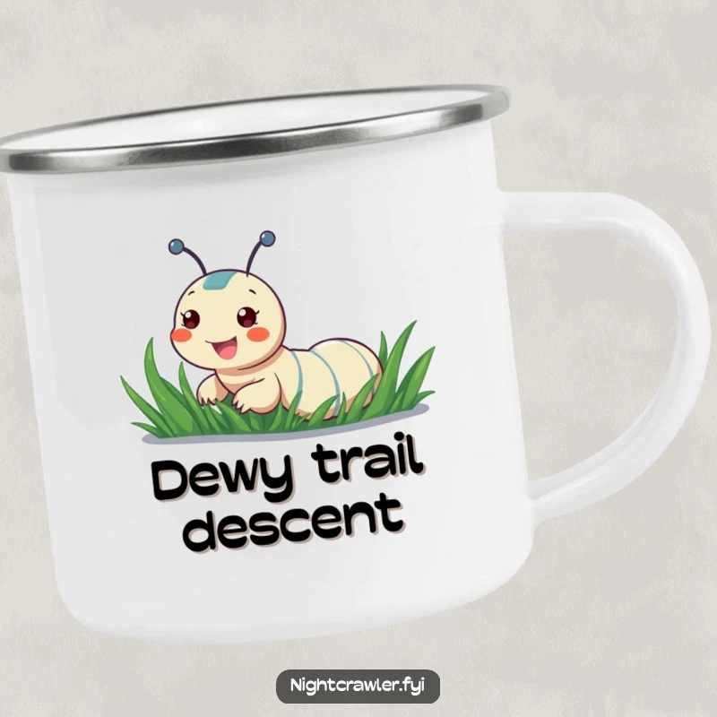 Funny camping mug with a cheerful night crawler sliding down a dewy blade of grass, perfect for outdoor enjoyment.