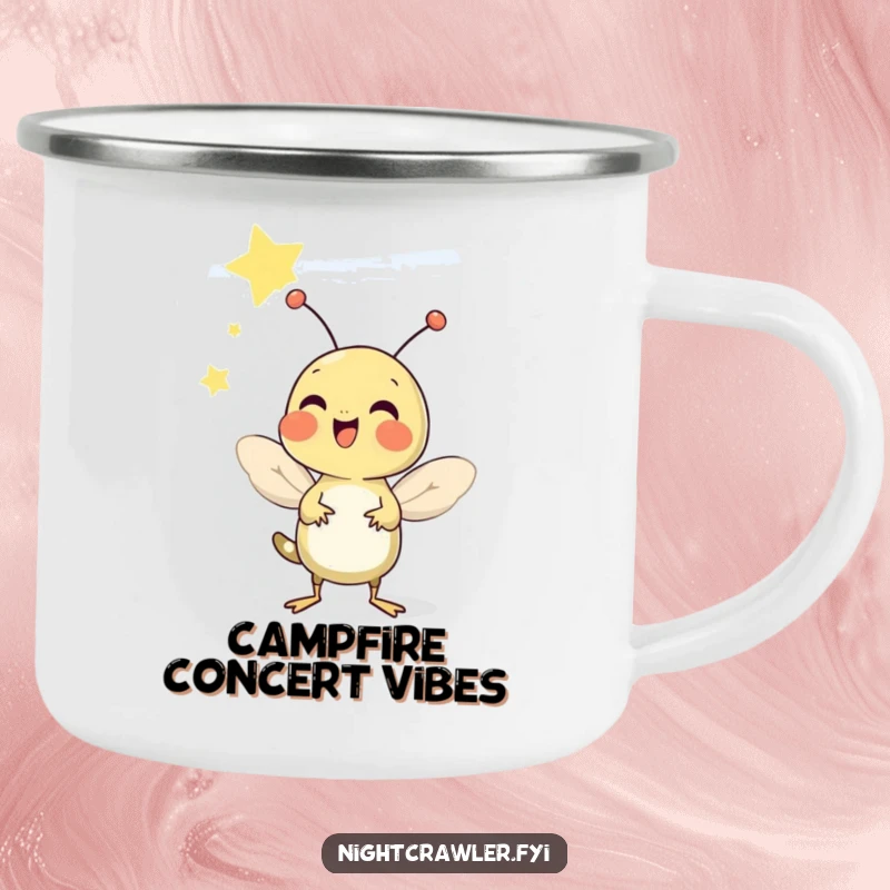 Funny camping mug graphic of a cheerful cricket chirping under a starry sky, ideal for summer nights.