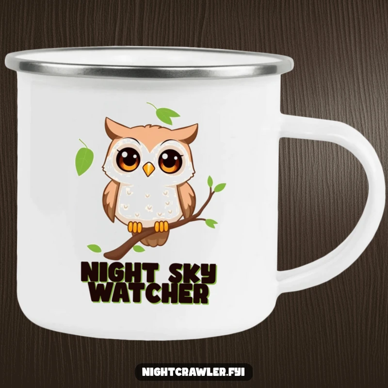Funny owl camping mug showcasing a curious character with wide, amazed eyes perched on a branch, ideal for adventures.
