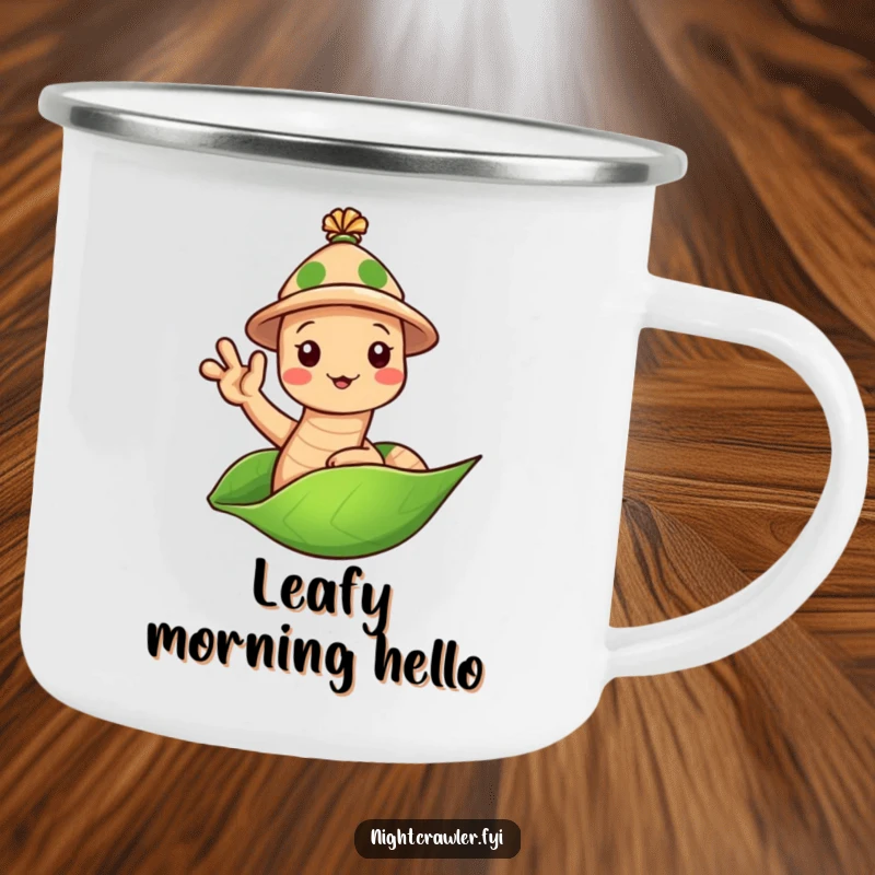 Funny Earthworm Hat Camping Mug: Cute worm in a tiny hat waving hello from a leaf outdoors, a humorous camping mug.