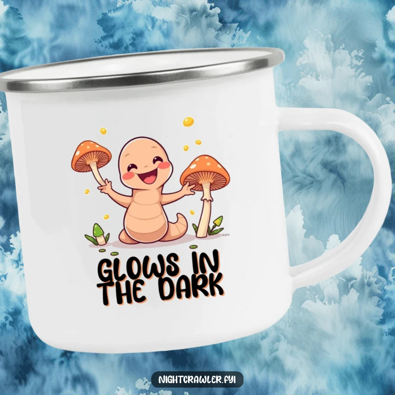 Funny camping mug with a playful earthworm juggling luminous mushrooms, perfect for outdoor enthusiasts who appreciate humor and magic.