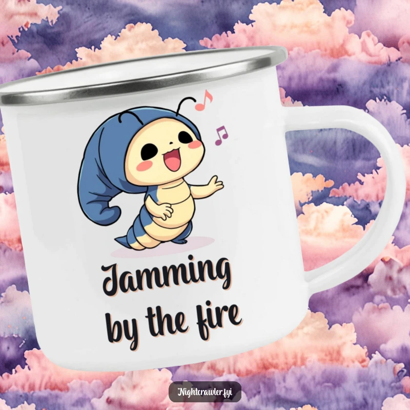 Funny camping mug with a cute night crawler character happily swaying to unseen music, perfect for cheerful outdoor enjoyment.
