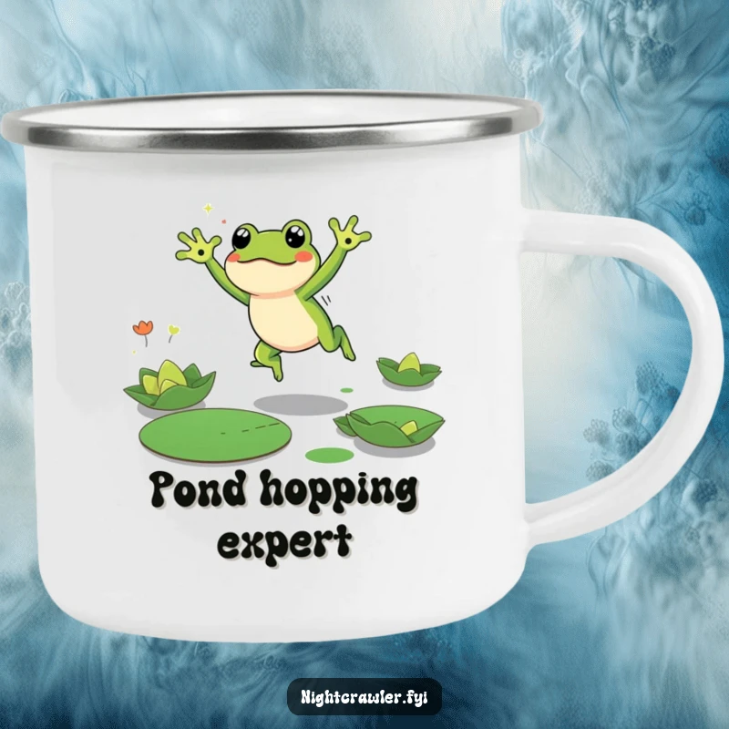 Funny Frog Camping Mug featuring a cute frog character energetically leaping between lily pads in the dark, perfect for nocturnal adventures.