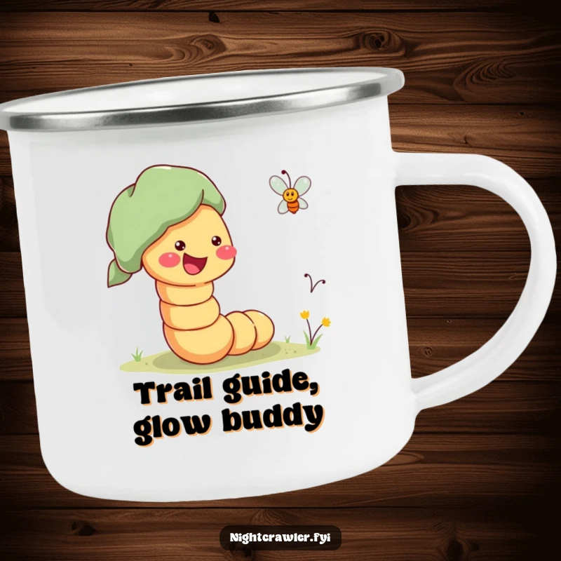 Funny Camping Mug with a cheerful worm enthusiastically guiding a lost firefly home, ideal for outdoor adventures.