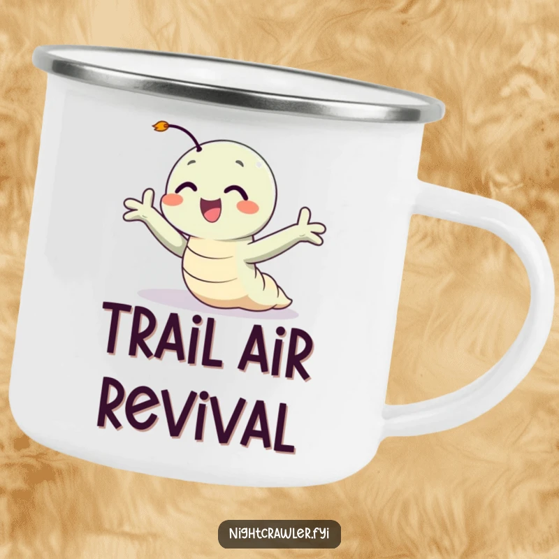 Funny camping mug with a happy night crawler character with arms widespread, enjoying a gentle breeze during outdoor adventures.